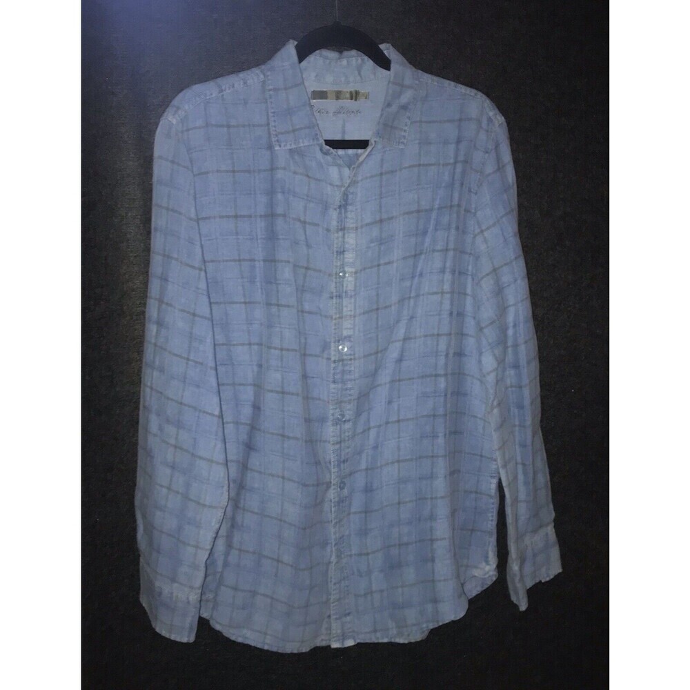 Raffi 100% Linen Shirt Men's Large Blue Black Grey Plaid Long Sleeve Button Down